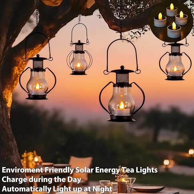 Solar Hanging Lanterns Outdoor Waterproof, Vintage Mini Metal Lantern with Flickering Solar Powered Tea Lights, Perfect Chargeable Solar Lights for Backyard Patio Garden Fence Tree Decoration-4Pack-Ruum Studio Home