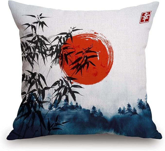 TSSOHU Throw Pillow Cover Japanese Bamboo Pillow case Asian Ink Painting Black Tree Stems Red Sun Mountains Decorative Pillow Case Funny Home Decor Square 18 x 18 Inch Cushion Pillowcase-Ruum Studio Home