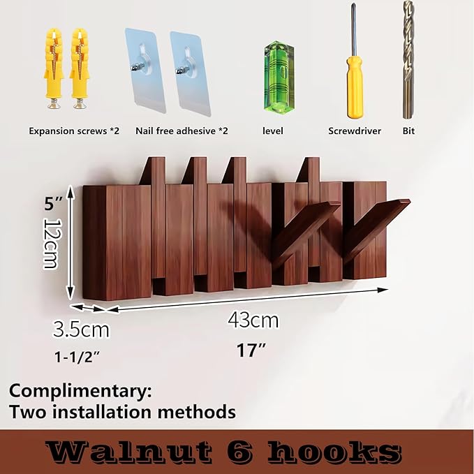 Wall Mounted Piano Key Hanger | Flip Style Hook | Entrance Wall Art Hook, Made of Oak Wood (3 Times Painted, 4 Times Polished) (Walnut, 6Hooks)-Ruum Studio Home