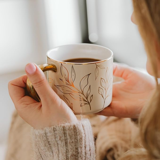 Sweet Water Decor Gold Leaves Mug with Gold Handle, 14oz Fine Bone China Coffee Cup for Tea, Latte, or Hot Cider, Autumn Leaf Drinkware, Fall Decorations for Kitchen, Gift for Mom, Sister & Wife-Ruum Studio Home