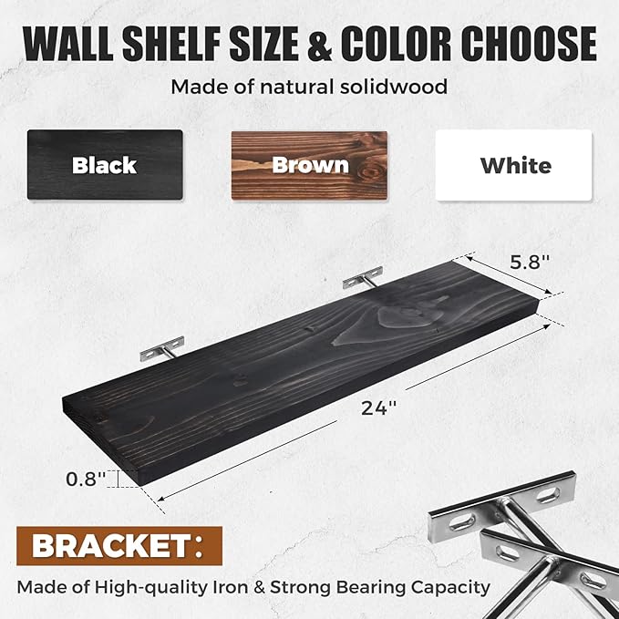 Floating Wall Shelves 3-Pack - 24-Inch Rustic Black Wooden Shelves for Storage and Décor, Easy Installation for Living Room, Bedroom, and Kitchen-Ruum Studio Home