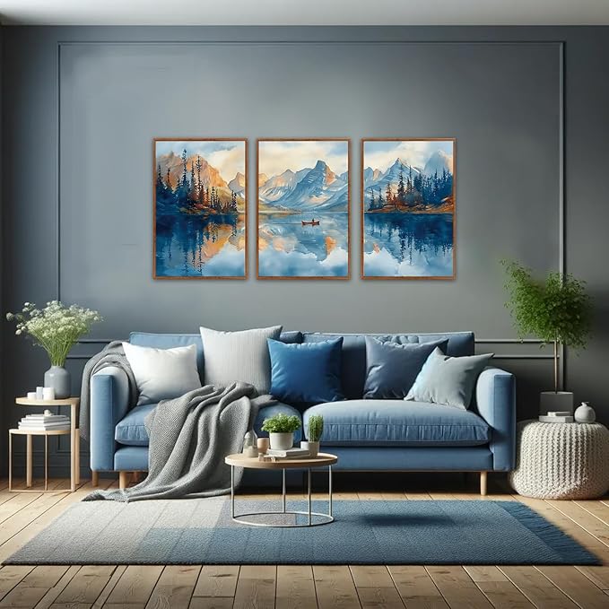KAIRNE Framed Large Landscape Wall Art,Abstract Forest Prints Paintings,Watercolor Blue Mountain Lake Canvas,Nature Scenery Textured Artwork for Living Room Bedroom Home Office Gallery Decor,16”X24”-Ruum Studio Home