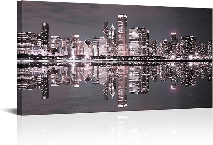 Conipit Chicago Wall Art Chicago Skyline Artwork City Night Downtown Picture Cityscape Painting Framed for Bedroom Home Office Decor 24"x48"-Ruum Studio Home