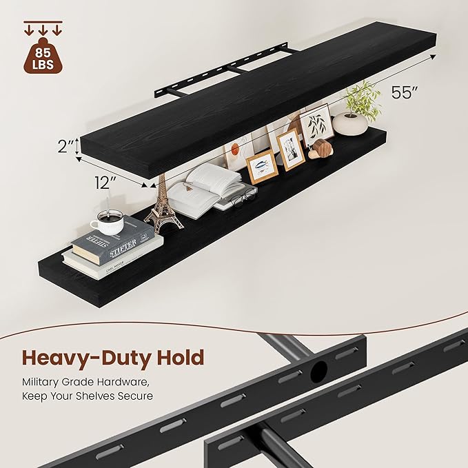 Black Floating Shelves for Wall 55 Inches Long, 12" Deep Wall Shelves 2" Thick, Heavy Duty Shelf for Bedroom, Bathroom, Living Room, Kitchen, Office, Home Decor, Modern Shelf Set of 2, 55" X 12" X 2"-Ruum Studio Home