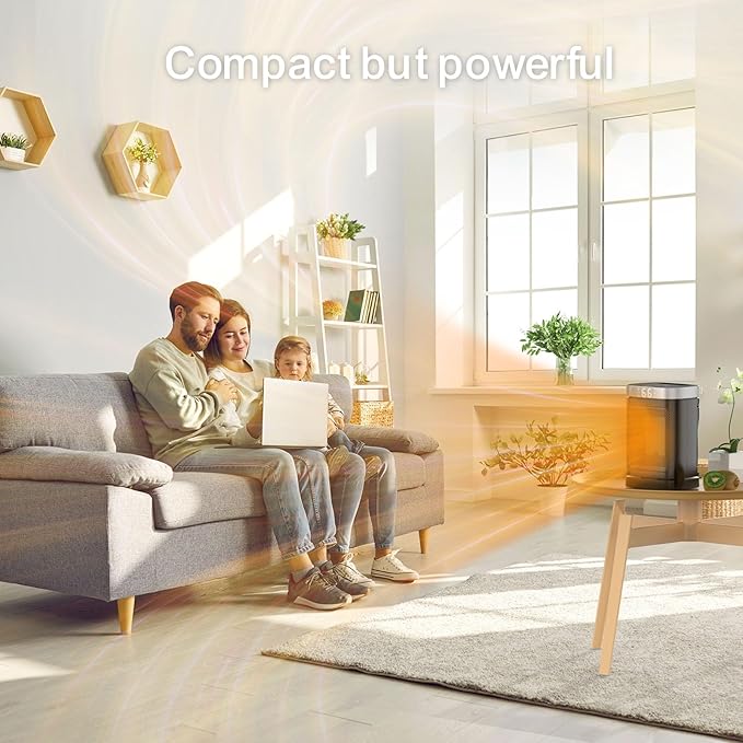 Small Portable Space Heater for Indoor Use - with 70°Rotating Feature, JIBUFI 1500W PTC Electric Heater, Rapid and Safe Heating, Remote Control, 1-12 Hr Timer for Bedroom, Office-Ruum Studio Home