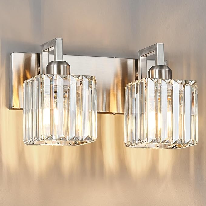 Modern Bathroom Vanity Light 2-Lights Brushed Nickel Vanity Light Crystal Wall Light Bathroom Light Fixtures-Ruum Studio Home