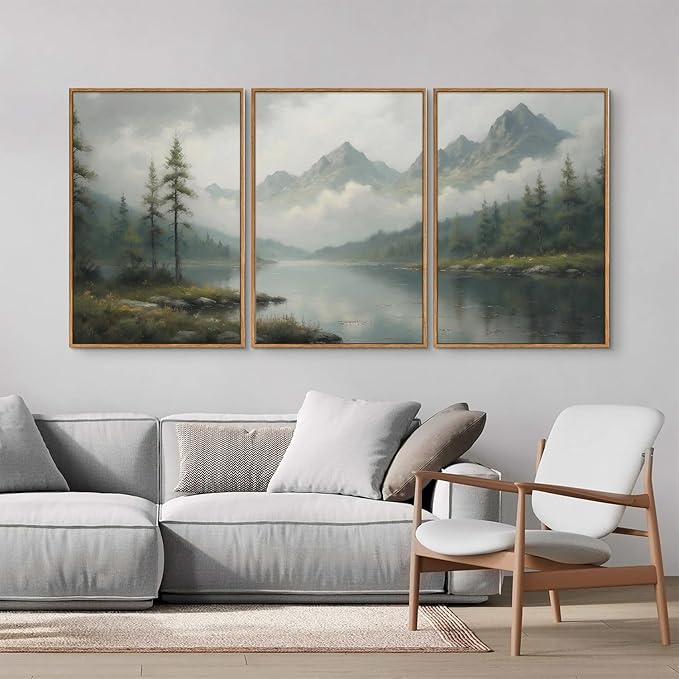 SIGNINART Large Misty Mountain Framed Canvas Wall Art, Green Forest River Scenery Wall Decor, Modern Foggy Wooden Landscape Artwork, Oil Style Nature Art Print for Living Room Bedroom Office 24"x36"x3-Ruum Studio Home