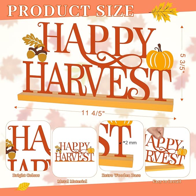 COCHIE Metal Happy Harvest Sign, Orange Fall Decorations for Home, Office, Shelf, Mantel, Indoor, Autumn Pumpkin Decoration, Hello Fall Leave Decor (Harvest)-Ruum Studio Home