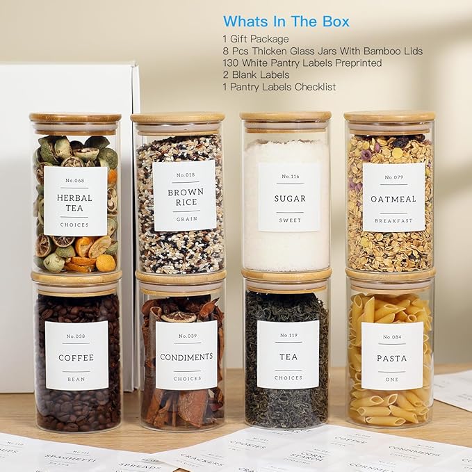 8 Pack Glass Jar with Airtight Bamboo Lid and White 132 Kichen Pantry Labels Preprinted - 21 Oz Clear Round Glass Food Storage Containers set For Tea Coffee Sugar Spice-Ruum Studio Home