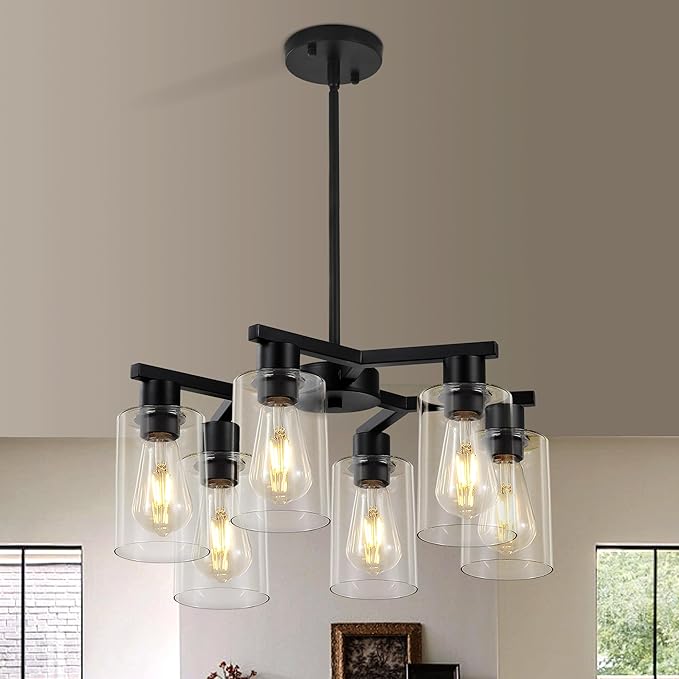 6-Light Modern Farmhouse Black Chandelier, Dining Room Light Fixture Over Table Adjustable Height Hanging Industrial Pendant Lights Kitchen Island, Clear Glass Shade-Ruum Studio Home