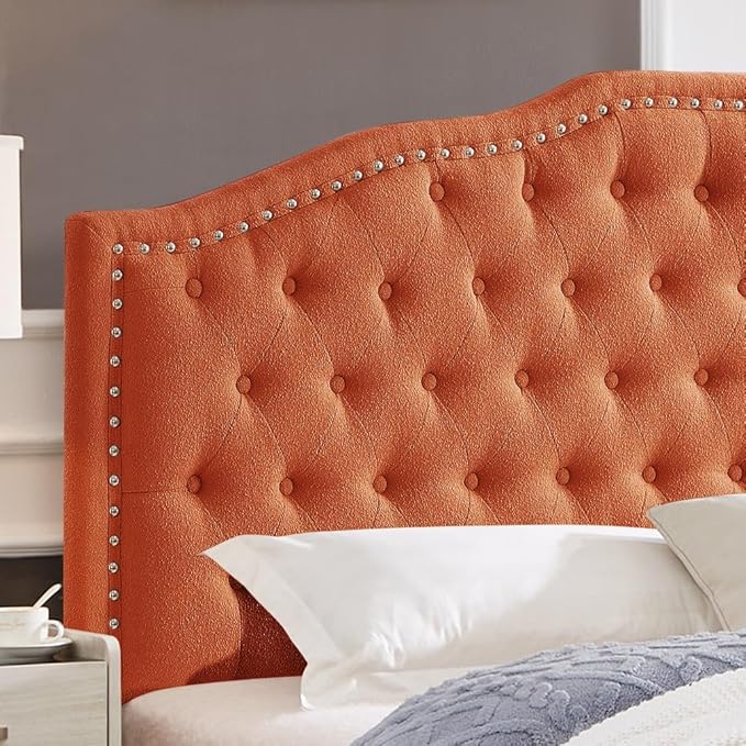 24KF Upholstered Button Tufted King Size Headboard with Nailhead Trim, Elegant Boucle Fabric California King headboard, 6031-K-Boucle-Orange-Ruum Studio Home