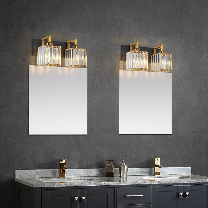 Modern Bathroom Vanity Light 2-Lights Black Gold Crystal Wall Lamp Bathroom Modern Crystal Vanity Lighting-Ruum Studio Home
