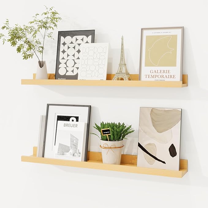 Picture Ledge Shelf, Solid Pine Wood Floating Shelves Set of 2, 24 Inches Nursery Book Shelves for Toys Storage, Kids Bookshelf Wall Mounted for Living Room Bedroom Decor Books Photo Frames, Natural-Ruum Studio Home
