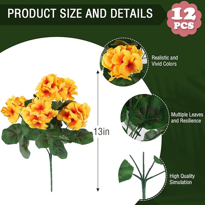 Hananona 12 Pcs Artificial Geranium Flowers for Outdoors Geranium Silk Yellow Flowers Outdoor UV Resistant Garden Plants Faux Fall Flower for Home Kitchen Table Centerpieces Decor (12, Yellow)-Ruum Studio Home