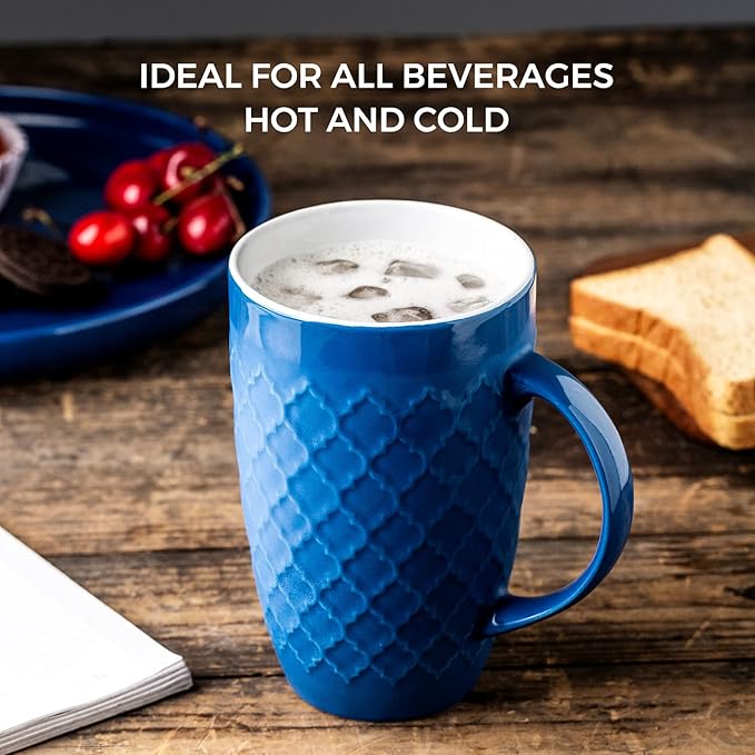 AmorArc Extra Large Coffee Mugs Set of 6, 20oz Ceramic Tall Coffee Mugs Set with Textured Geometric Patterns for Latte/Tea/Beer/Hot Cocoa, Dishwasher & Microwave Safe, Blue-Ruum Studio Home