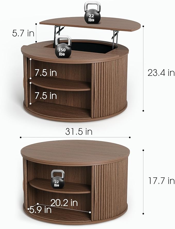 Round Coffee Table with Lifting Top,31.5”Mid Century Modern Lift Top Coffee Table with Hidden Compartment,Fluted Small Center Table for Living Room,Walnut-Ruum Studio Home