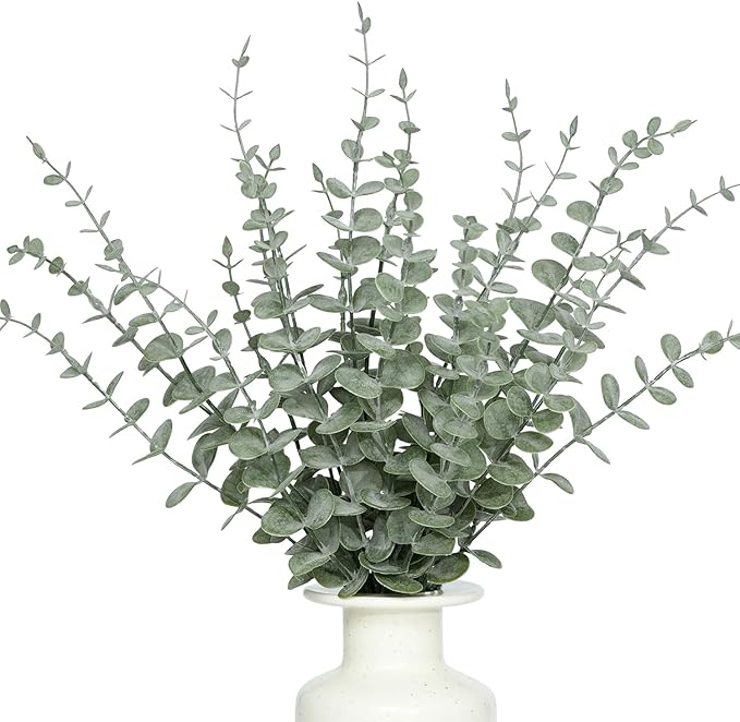 18Pcs Faux Eucalyptus Stems, 15" Artificial Eucalyptus Plants with White Frosted Coating, Fake Eucalyptus Decor Plastic Greenery Leaves for Wedding Bouquets Home Decor DIY Floral Arrangements-Ruum Studio Home