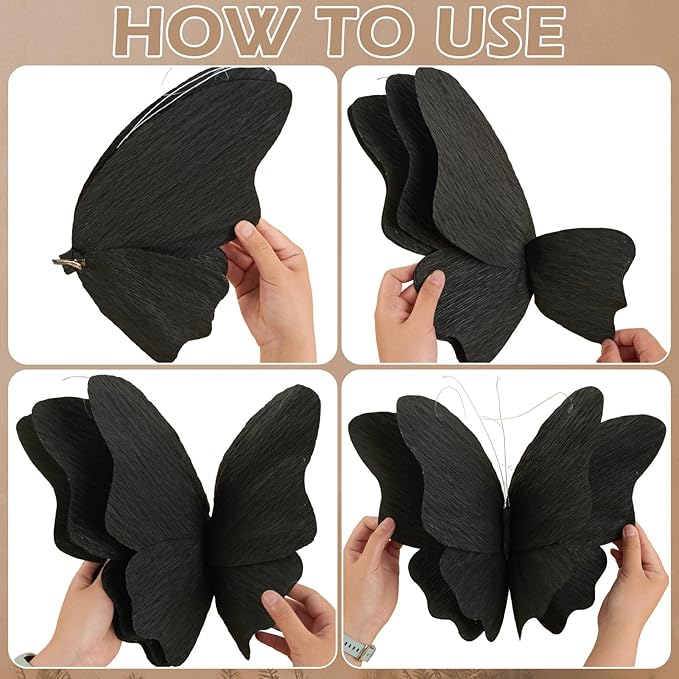 Party Butterfly Decorations, Black 3D Butterfly Birthday Decoration, 4 Pcs Crepe Paper Hanging Decor for Room, School, Black Theme, Flower Party for Garden, Dining Table Decor-Ruum Studio Home