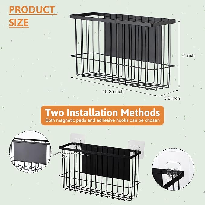 3 Pcs Magnetic or Adhesive Refrigerator Organizer Magnetic Baskets Kitchen Holder for Refrigerator Metal Shelf Rack Storage with 2 Types of Installation(Black)-Ruum Studio Home