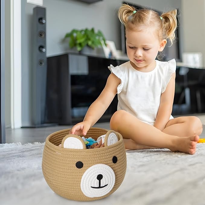 PandaEar Cotton Rope Baby Basket, Baby Gift Basket Nursery Laundry Organizer with Cute Bear Design for Storage Infant Newborn Essentials, Diaper Caddy with Handle (Brown)-Ruum Studio Home