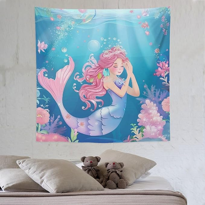 HZOHNAGO Mermaid Girls Tapestry Watercolor Flowers Mermaid Princess Blessing Pattern for Kids Room Decoration Printed Wall Tapestry Wall Hanging for Bedroom Living Room Dorm 60" W x 60" H-Ruum Studio Home