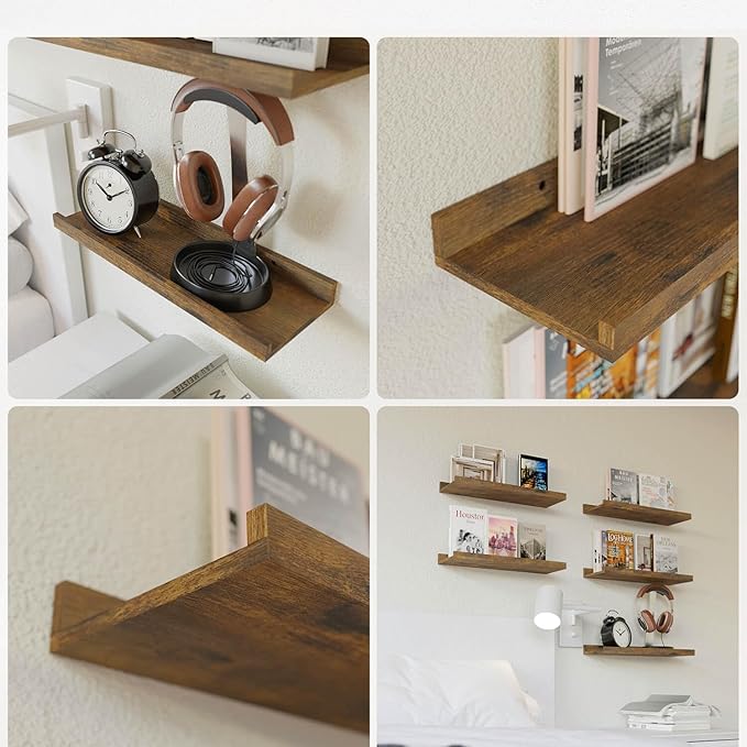 RICHER HOUSE 8 Set Floating Wall Mounted Shelves, Nursery Hanging Book Shelves with Lip for Storage, Display Picture Ledge Shelf for Bedroom Bathroom Kitchen Living Room Wall Decor, Rustic Brown-Ruum Studio Home