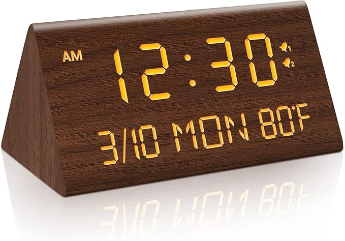 Kogonee Wooden Digital Alarm Clock, 0-100% Dimmer, 2 Alarm Settings, Weekday/Everyday Mode, 9 Mins Snooze, 12/24H, Temperature and Date Display for Office, Travel, Bedroom Alarm Clock (Brown)-Ruum Studio Home