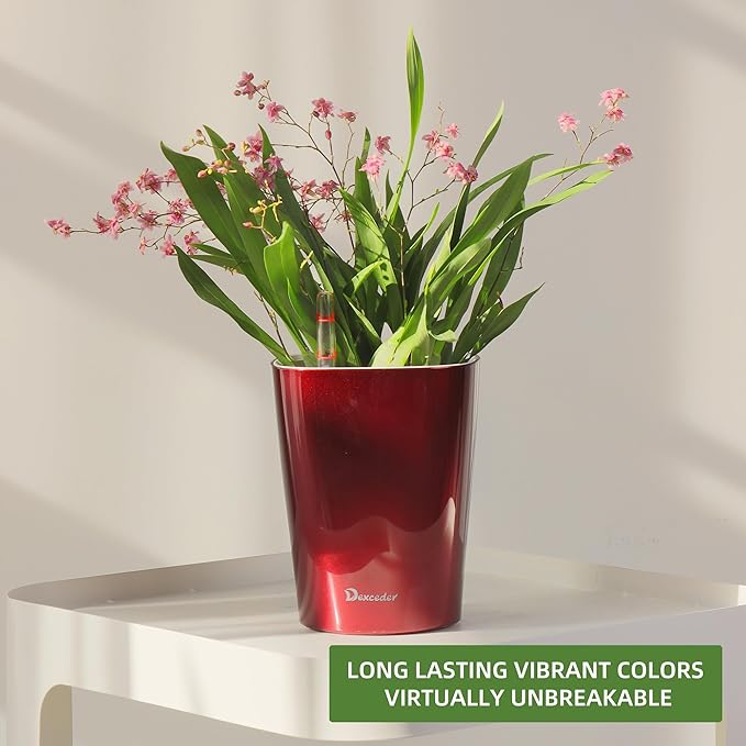 Dexceder 6x7 Self Watering Planter Indoor Outdoor, High Gloss Table Flower Plant Pot with Water Level Indicator (Wine Red)-Ruum Studio Home