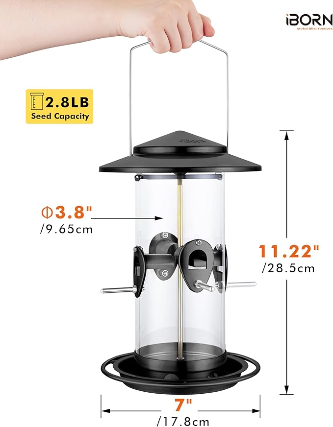 iBorn Metal Bird Feeder for Outside Hanging,Wild Bird Feeders for Cardinal,18cm Large Roof&Tray Black 10 Port(Seed is not Included)-Ruum Studio Home