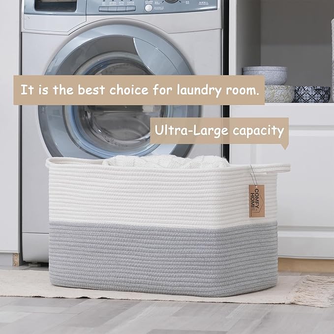COMFY-HOMI Large Rectangle Laundry Storage Basket | Cotton Rope Woven, Organizing with Handle | Dirty Cloth & Baby Shower Basket | 22x15x12' - White/Grey-Ruum Studio Home