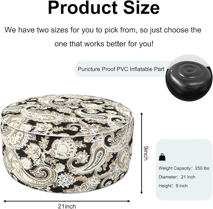 Inflatable Ottoman Stool D21 xH9 for Outdoor/Indoor Use, Water Repellent Patio Foot Rest Stool with Portable Handle,Round Pouf Ottoman Suitable for Garden,Deck and Camping - Paisley Black-Ruum Studio Home