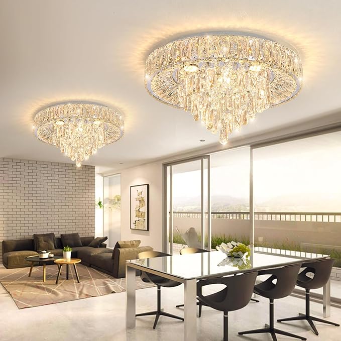 Modern Crystal Chandeliers for Dining Room LED Light Fixture Close to Ceiling Chandelier Flush Mount Ceiling Light Dimmable Lamp with Remote for Living Room Bedroom Hallway 2700K 6000K-Ruum Studio Home