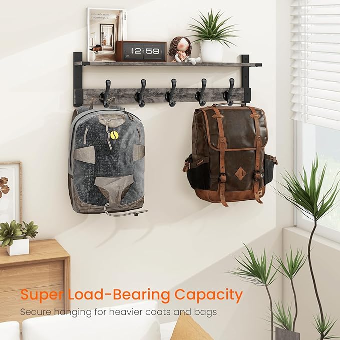 Homode Coat Rack Wall Mount with Shelf, 29 Inch Wood Wall Shelf with Hooks, Entryway Coat Hanger Wall Mount with 5 Hangers for Bathroom, Bedroom, Living Room, Grey-Ruum Studio Home