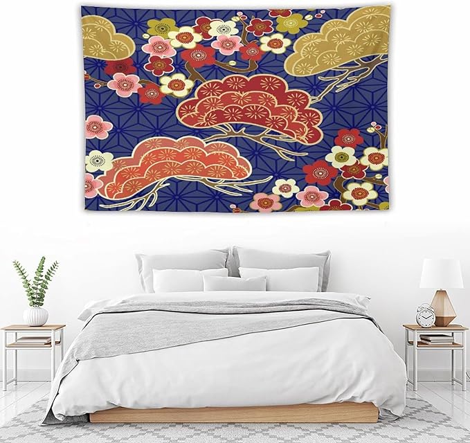 HZOHNAGO Japanese Tapestry Art Abstract Colorful Cherry Blossom Blue Background Pattern Printed Wall Tapestry Painting Wall Hanging for Bedroom Living Room Dorm 90" W x 60" H-Ruum Studio Home