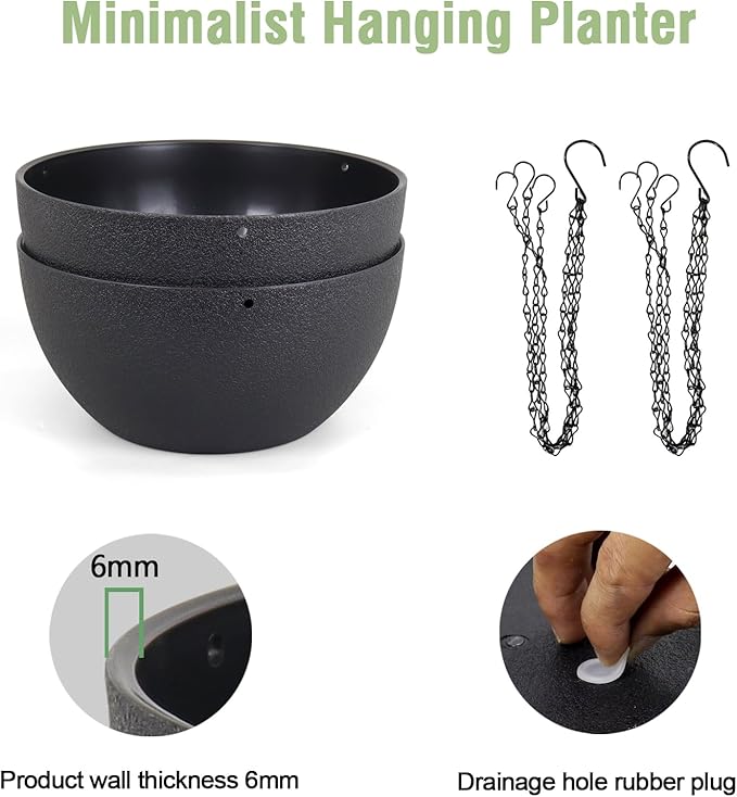 12 inch Large Hanging Planters for Indoor Outdoor Plants, 2 Pack Hanging Flower Pots with Drainage Holes and Chain for Garden Porch Plants, Plastic Hanging Baskets for House Plants, Black-Ruum Studio Home
