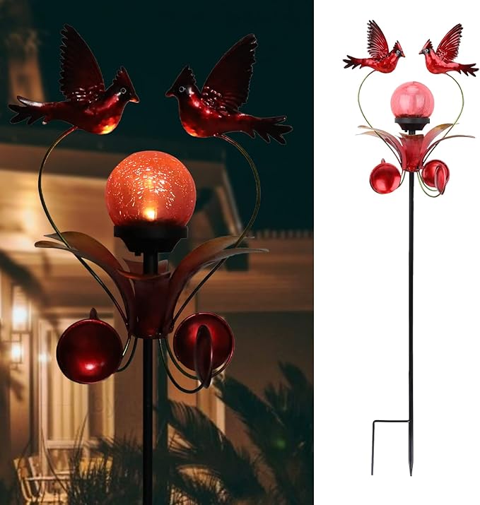 VCUTEKA Cardinal Solar Lights Outdoor Metal Garden Stake Waterproof Crackle Glass Globe Garden Decor Cardinal for Pathway, Lawn, Patio, Yard-Ruum Studio Home