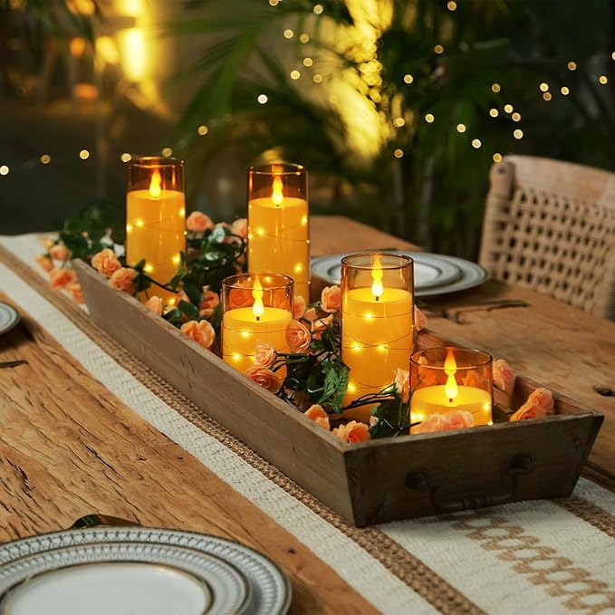 Homemory Acrylic Flameless Candles with Embedded Star String Fairy Lights, Battery Operated Candle, LED Candles, Fake Candles with Remote Control and Timer for Halloween, Amber, Set of 5(H4"5"6"8"8")-Ruum Studio Home