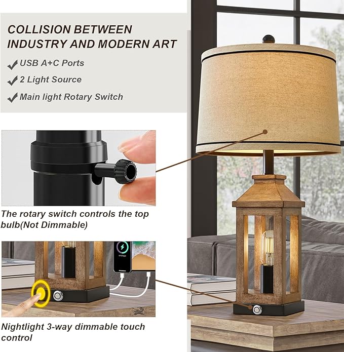 23.75" Farmhouse Dual USB Charging Ports 3-Way Dimmable Touch Control Table Lamp with Nightlight Vintage Modern Lamps for Living Room Bedroom-Ruum Studio Home