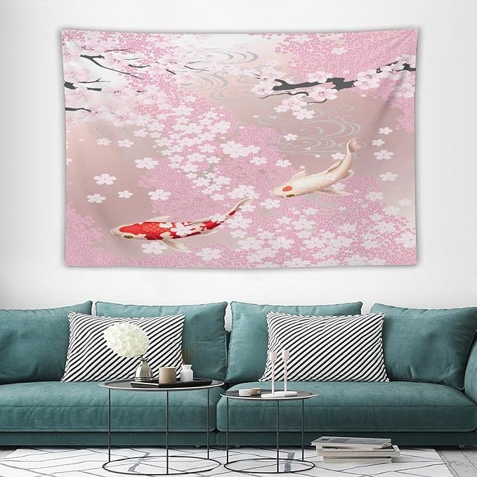 Houselerax Japanese Koi Fish Tapestry, Cherry Blossoms Asian Oriental Pink Flower Branch Koi Fish Carp Tapestries Wall Hanging for Bedroom Living Room Office Decor 90"x60"-Ruum Studio Home