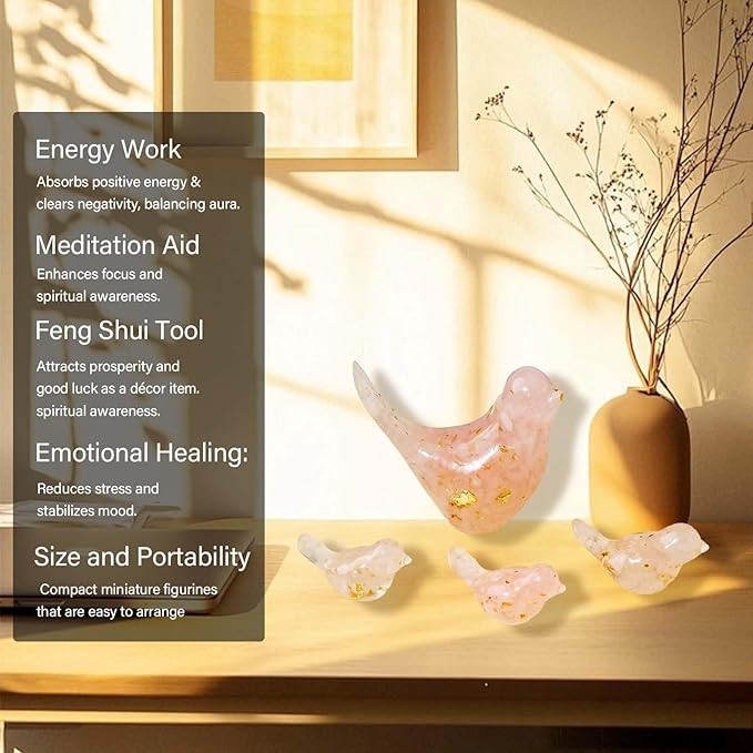 Crystal Bird Figurines, Resin Animal Statues, Miniature Decorative Gravel Birds, Home Decor (4PCS-RoseQuartz)-Ruum Studio Home