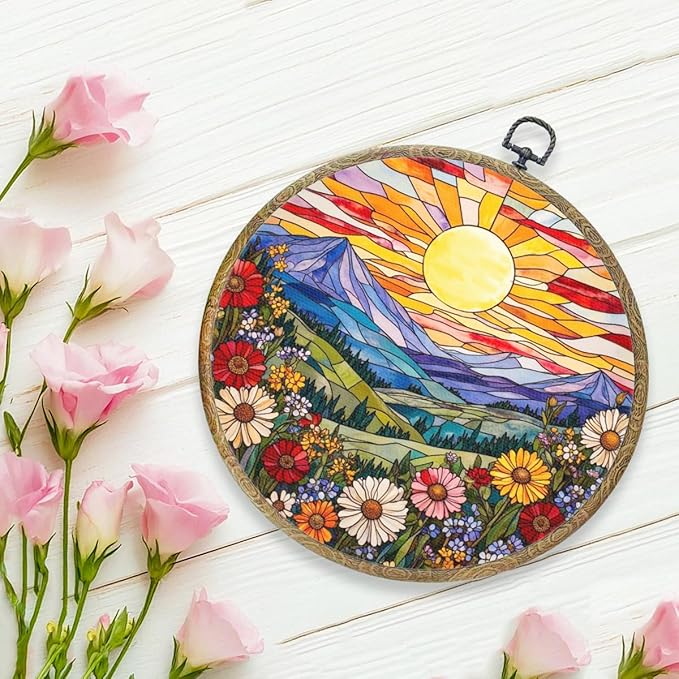 Wildflowers Sunset Flower Floral Garden Decor, Gift for Mom, Nature Lover Gift Framed Round Wall Decor Canvas Wall Art Hanging Prints Artwork for Home Living Room Office Decorations 10.2X10.2 Inch-Ruum Studio Home