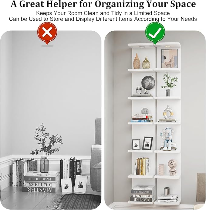 Versatile 7 Tier Shelf Unit 6.4Ft Lack Wall Shelf Unit with LED Floating Wall Shelf Unit Wall Mount Vertical Shelving for Storage Space Saving Organizer for Bedroom Living Room Office Display Decor-Ruum Studio Home