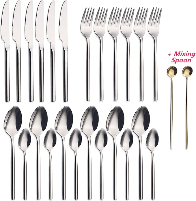 24 Piece Silverware Set For 6 Heavy duty 18/10 Stainless Steel Flatware Set Modern Design Knife/Fork/Spoon Mirror Polished Dishwasher Safe Cutlery Set with Gifts-Ruum Studio Home