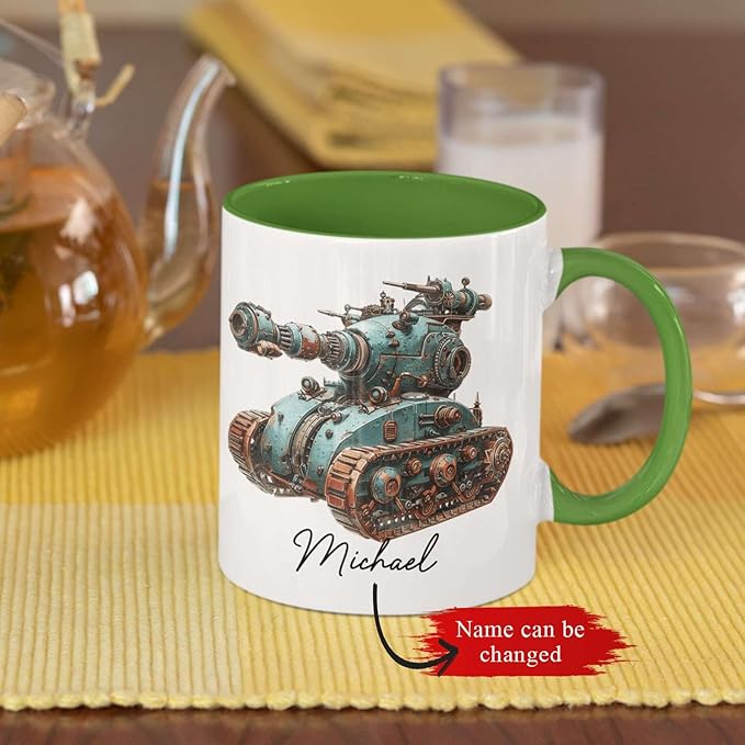 Personalized Unique Steampunk Tank Design Mug, Custom Mechanical Tank Art Coffee Cup 11oz, White Mug Gift For Mechanic Enthusiasts, Custom Name Ceramic Cup 11oz Or 15oz, Kids Mug-Ruum Studio Home