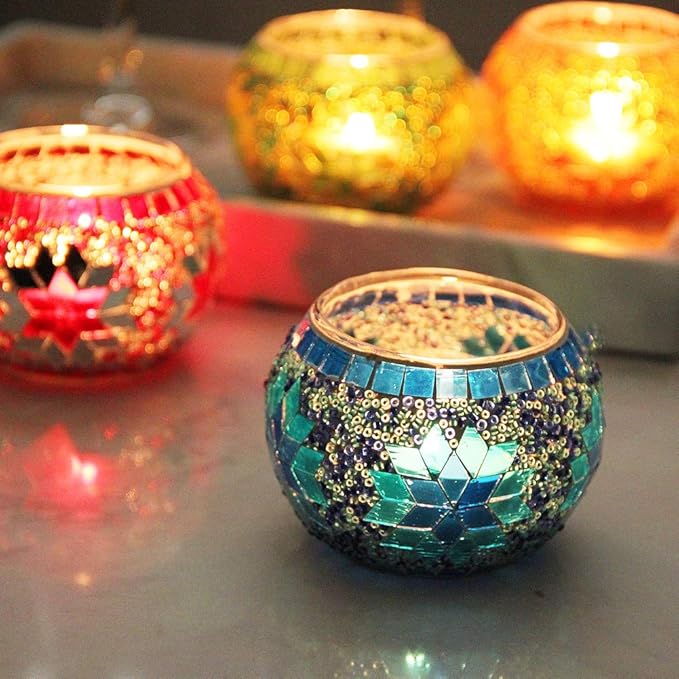 SHMILMH Votive Candle Holder Set of 4, Diwali Decoration for Home, Handmade Mosaic Glass Tealight Candle Holders for Table Centerpiece Decor,Diwali Thanksgiving-Ruum Studio Home