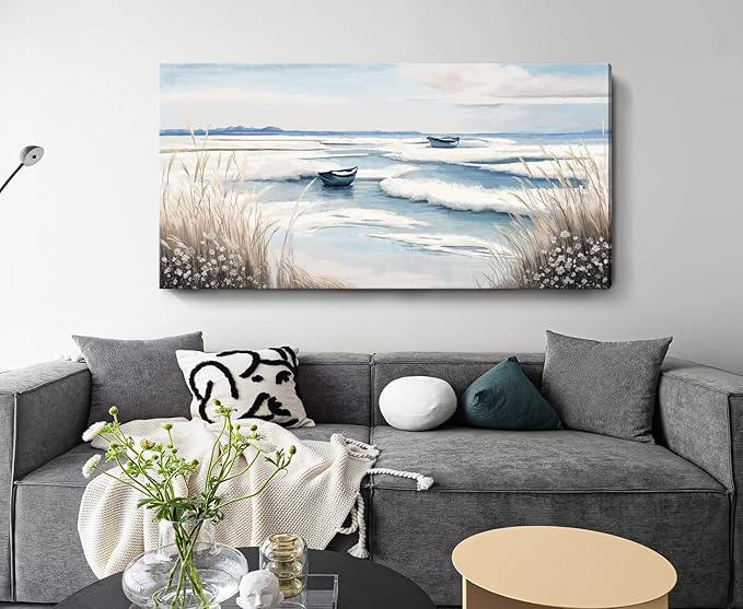 amatop Extra Large Wall Art for Living Room –Big Coastal Beach Minimalist Canvas Artwork with Sailboat Ocean Waves and Reeds Nautical Seascape Picture for Bedroom Decor Blue58x29 Inch-Ruum Studio Home