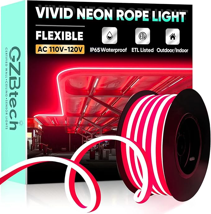 GZBtech Flexible LED Neon Rope Lights 16.4FT,AC 110-120V Waterproof Strip Light, 120LEDs/M Cuttable Connectable Neon Lighting for Indoor Outdoor Home Decor/Commercial Building Use-Red 5M-Ruum Studio Home