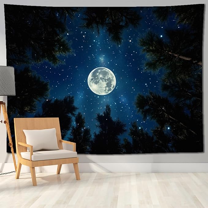 keowhsf Forest Galaxy Tapestry for Bedroom Ceiling - Starry Night Sky with Moon and Trees, Blue Aesthetic Wall Hanging, Milky Way Landscape Backdrop for Living Room and Dorm Decor-Ruum Studio Home