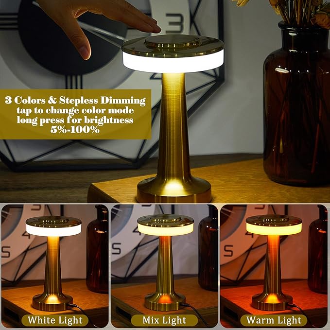 VIHOSE Set of 8 LED Portable Cordless Table Lamp with Touch Sensor 3 Color Stepless Dimming Rechargeable Battery up to 15 Hours Cordless Table Light Wireless Lamp for Nursery(Gold)-Ruum Studio Home