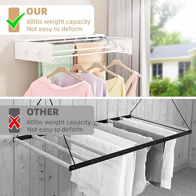 Wall Mounted Drying Rack with 4 Hooks and Shelf, Foldable Clothes Drying Rack for Laundry Room, Collapsible Laundry Rack Wall Mount, for Indoor Outdoor Hanging Clothes, 23.6 Inch-Ruum Studio Home